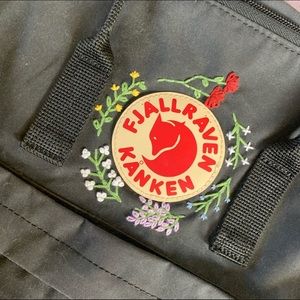 Black hand embroidered Fjallraven Kanken